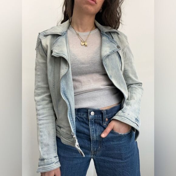 Y2K Light Wash Denim Biker Jacket Tommy Hilfiger Zip Front Silver Hardware S - Picture 5 of 15